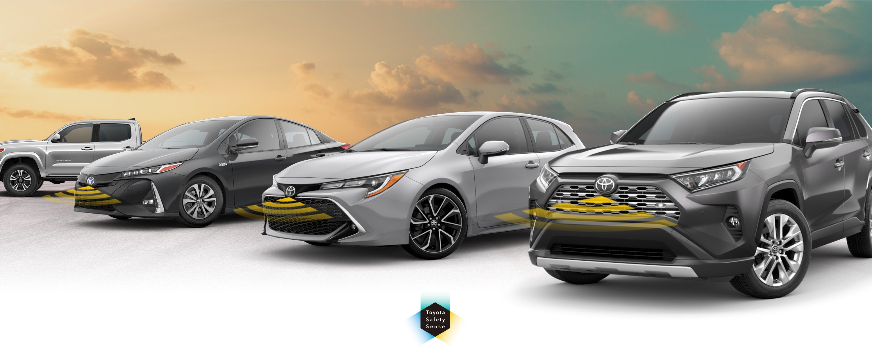 Toyota Safety Sense: Designed for Safety. Options shown on Toyota models including RAV4, Tacoma, and Camry, available now at Oakbrook Toyota in Westmont in Westmont IL.