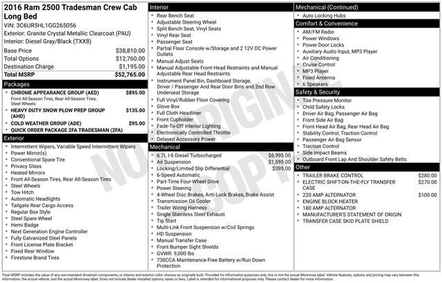 2016 RAM 2500 Tradesman LONG BED TOP CAMPING