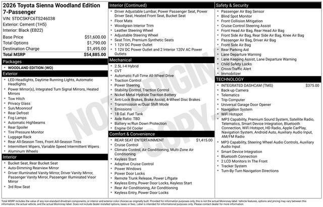 2026 Toyota SIENNA XLE AWD Woodland Edition 7 Passenger