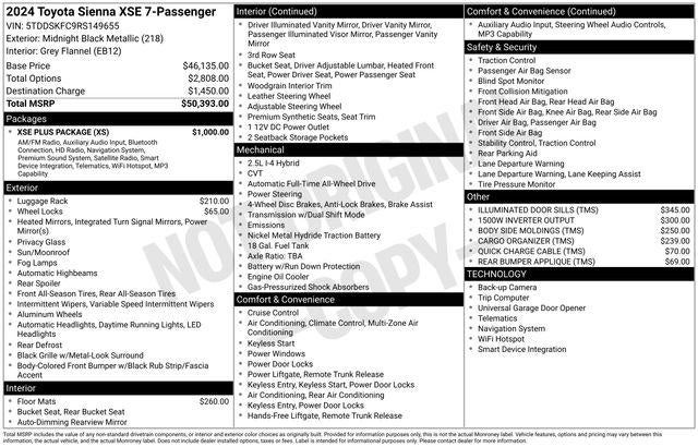2024 Toyota SIENNA XSE AWD XSE 7 Passenger