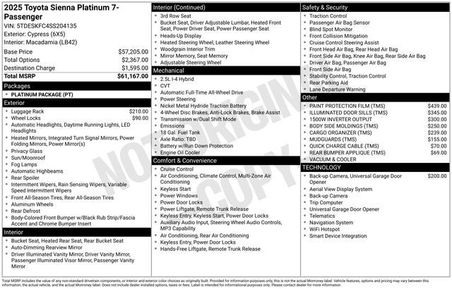 2025 Toyota Sienna Platinum 7 Passenger