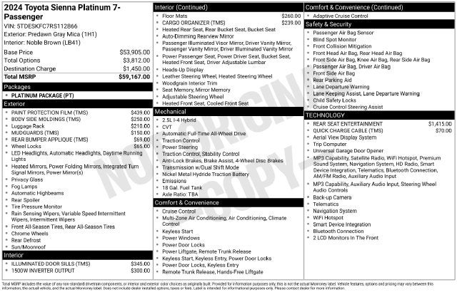 2024 Toyota Sienna Platinum 7 Passenger