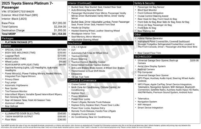 2025 Toyota Sienna Platinum 7 Passenger