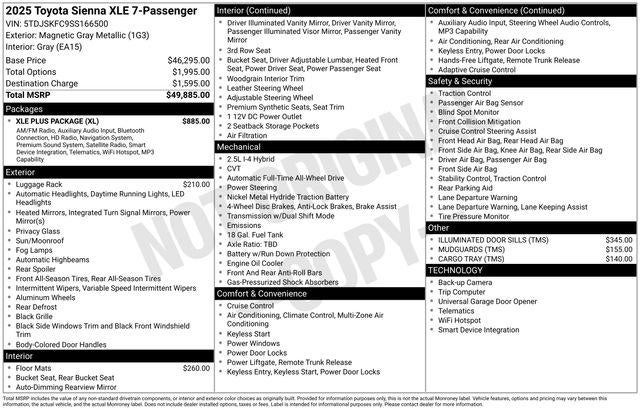 2025 Toyota SIENNA XLE AWD XLE 7 Passenger