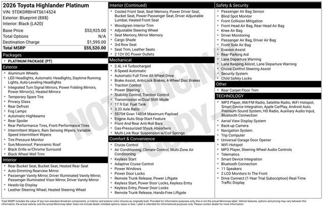 2026 Toyota Highlander Platinum
