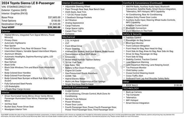 2024 Toyota SIENNA LE LE 8 Passenger