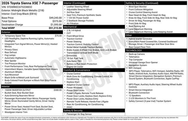 2026 Toyota Sienna XSE 7 Passenger