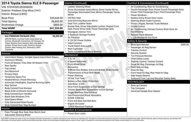 2014 Toyota SIENNA XLE 3.5L XLE 8 Passenger