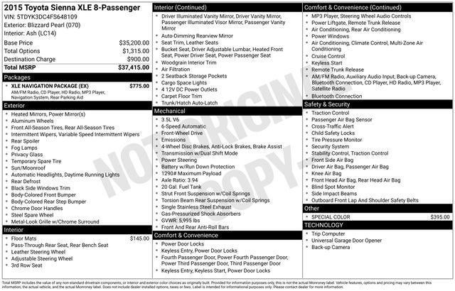 2015 Toyota SIENNA XLE 3.5L XLE 8 Passenger