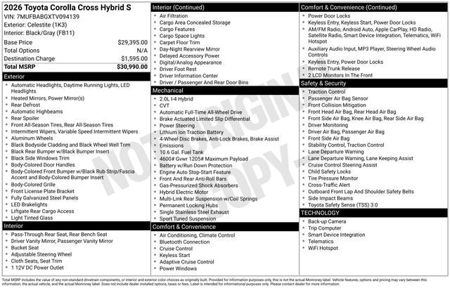 2026 Toyota COROLLA CROSS HV Hybrid S